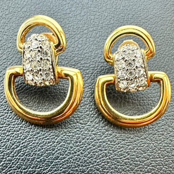 Signed Swarovski Golt tone Pave Crystal Set Door Knocker Clip on Earrings - Picture 1 of 6